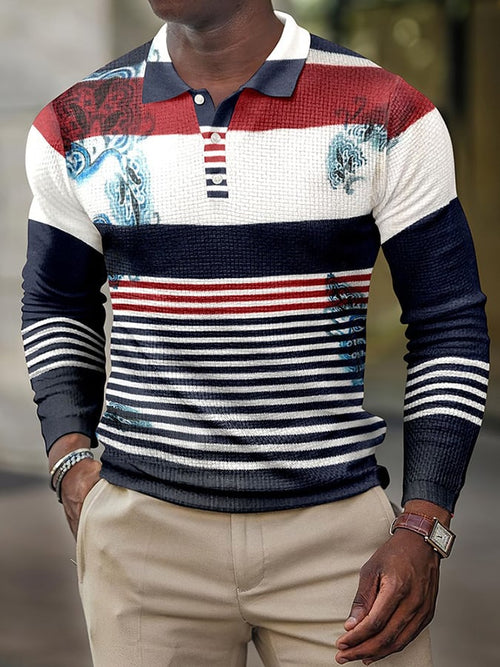 Colorblocked Stripe Casual Waffle Long Sleeved Men'S Polo Shirt