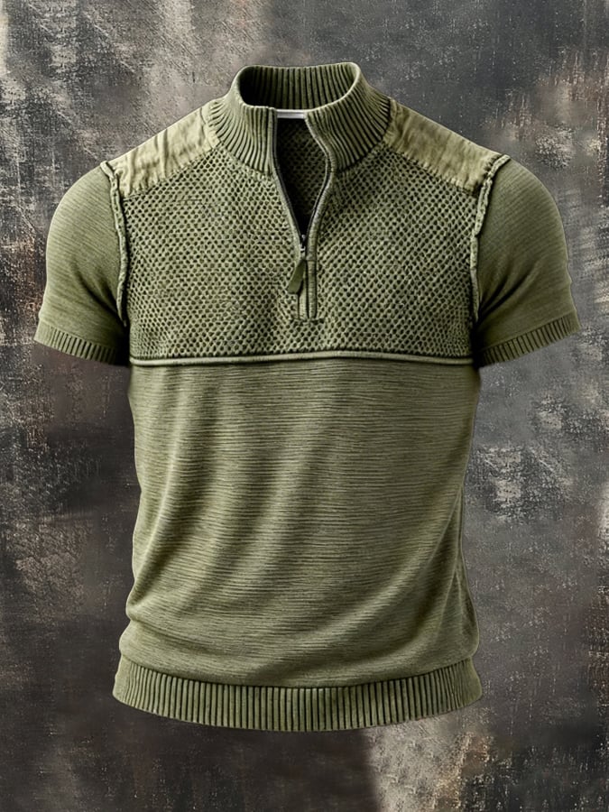 Men's Retro Color Block Knit Half-Zip Collar Short-Sleeve Top