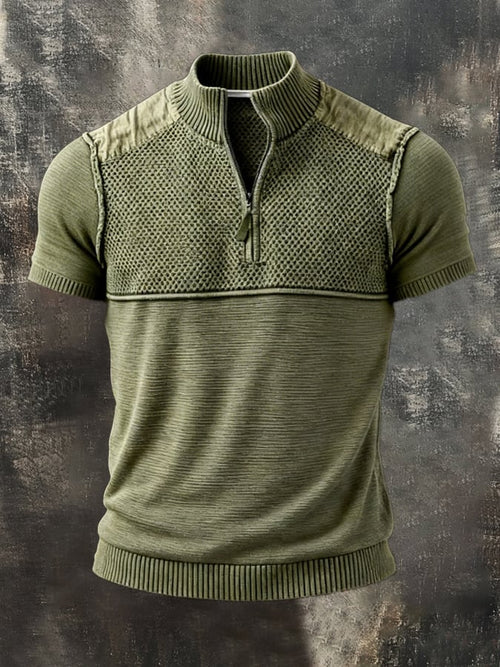 Men's Retro Color Block Knit Half-Zip Collar Short-Sleeve Top