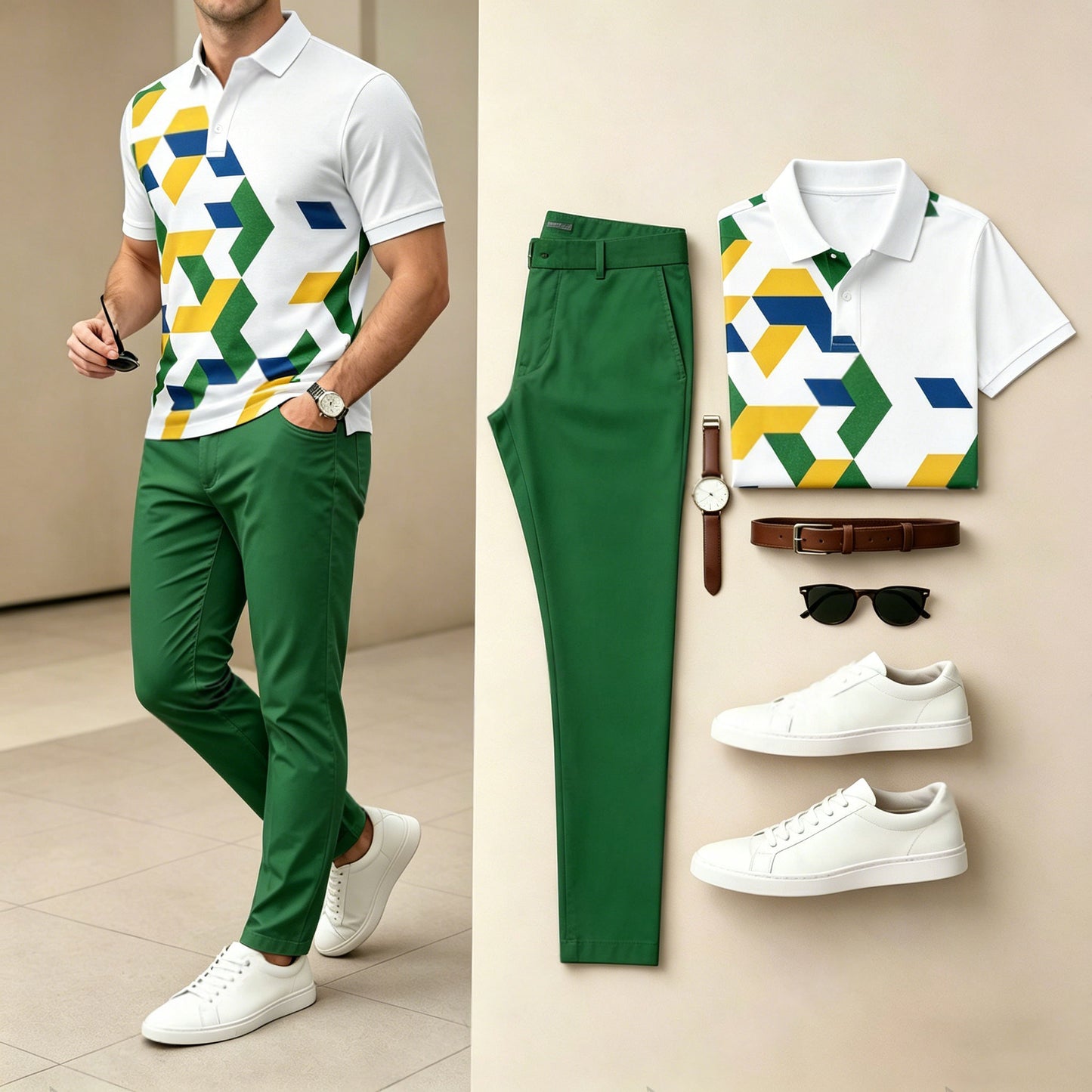 Men's Casual Green Printed Polo Shirt And Pants Two-Piece Set