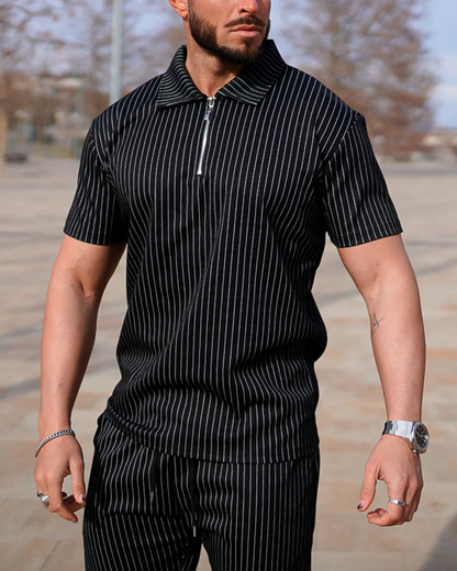 Suitmens Men's Black Vertical Stripe Summer POLO Suit