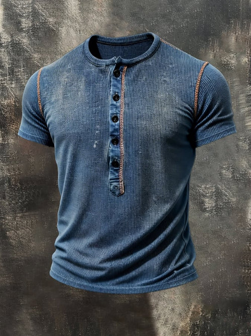 Men'S Retro Pure Cotton Washed Distressed Color-Blocked Henley Collar Short-Sleeve Top
