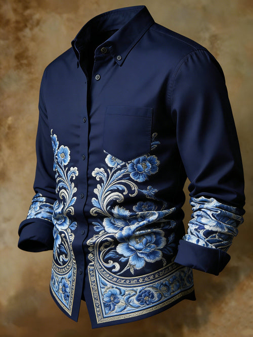 Luxury Navy Baroque Peony Print Business Shirt