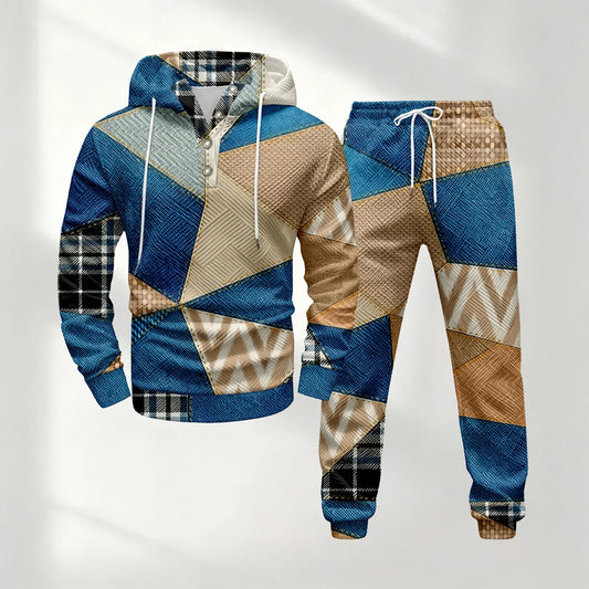 Men's Half-Button-Down Hooded Long-Sleeve Top and Pants Set
