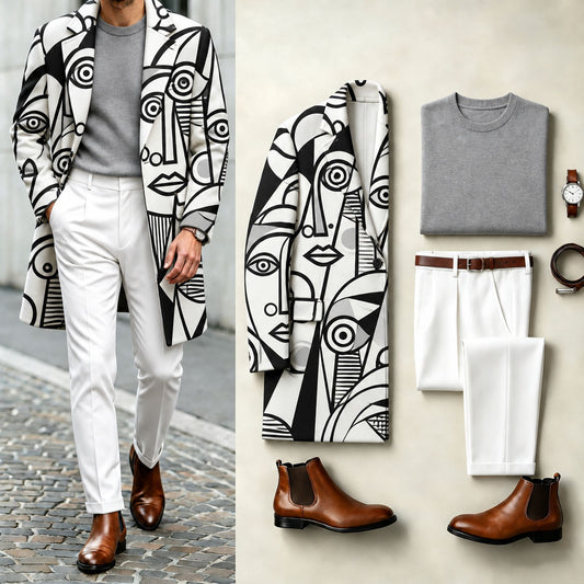 Men's Face-Print Suit Set: Coat, Knit Sweater, and Pants