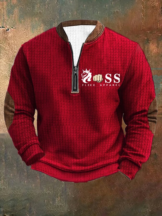 Men's Retro Letter Design Printed Zipper Collar Square Jacquard Sweatshirt
