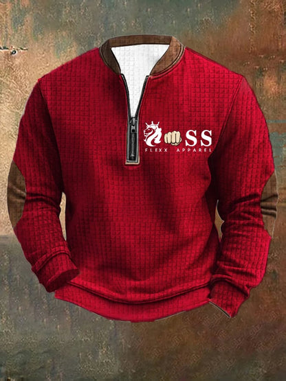 Men's Retro Letter Design Printed Zipper Collar Square Jacquard Sweatshirt