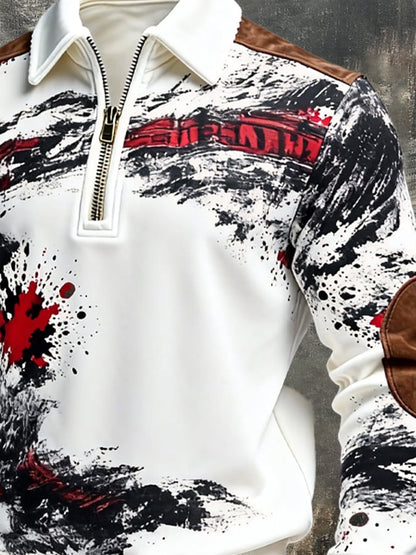 Men's Retro Color Block Print Zipper Sweatshirt