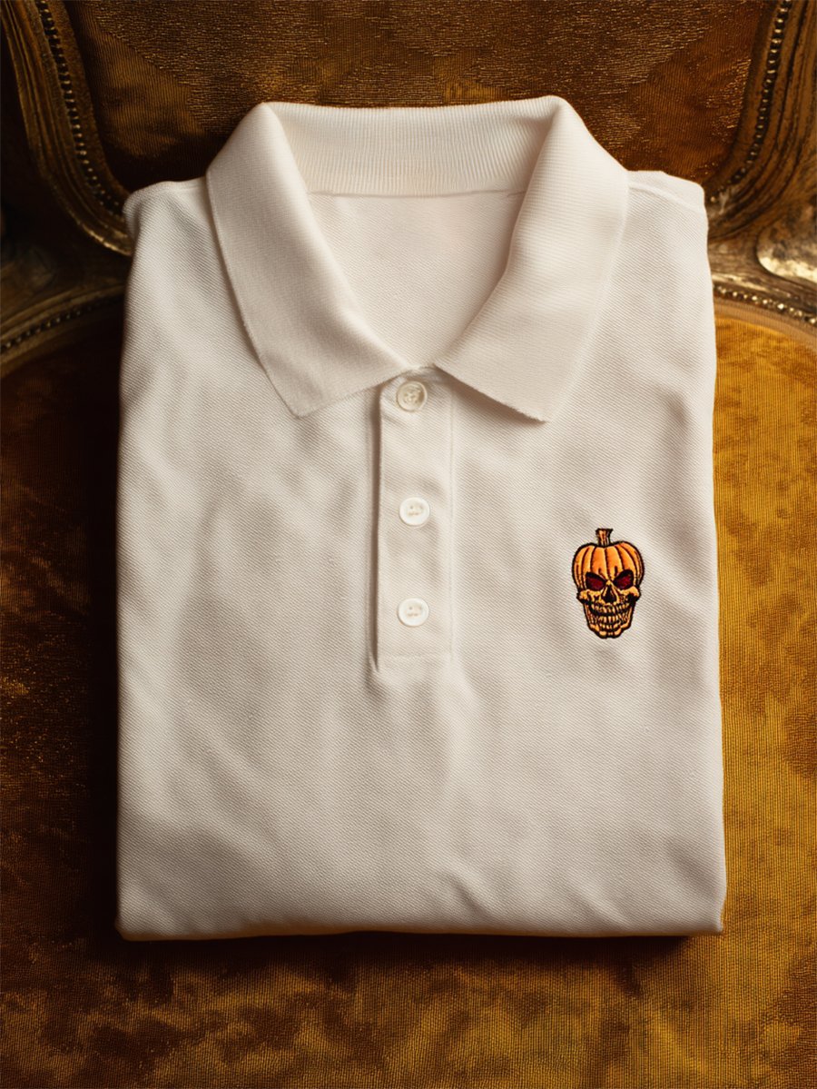 Men's Casual Business Halloween Pumpkin Art Button Short Sleeve Polo Shirt