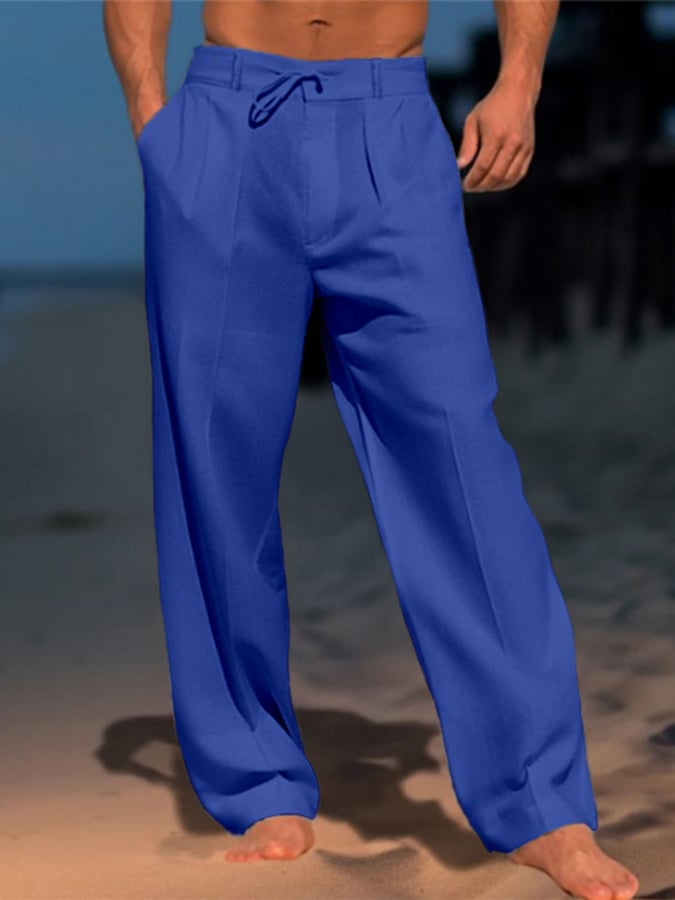 Men's Casual Solid Color Cotton And Linen Comfortable Vacation Trousers