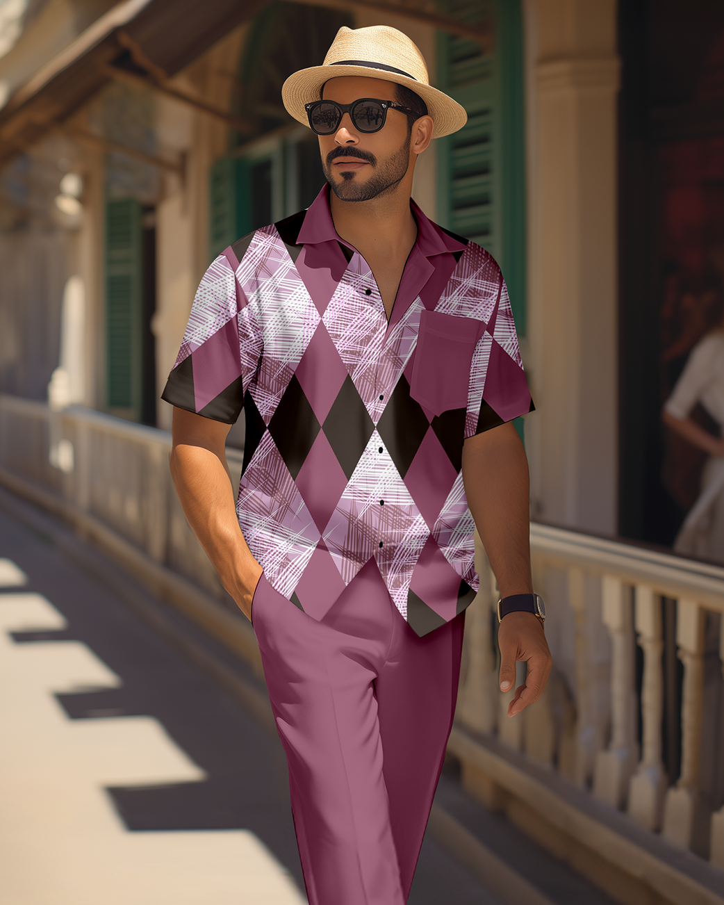 Men's retro colorblock short-sleeved shirt walking Suit 1687