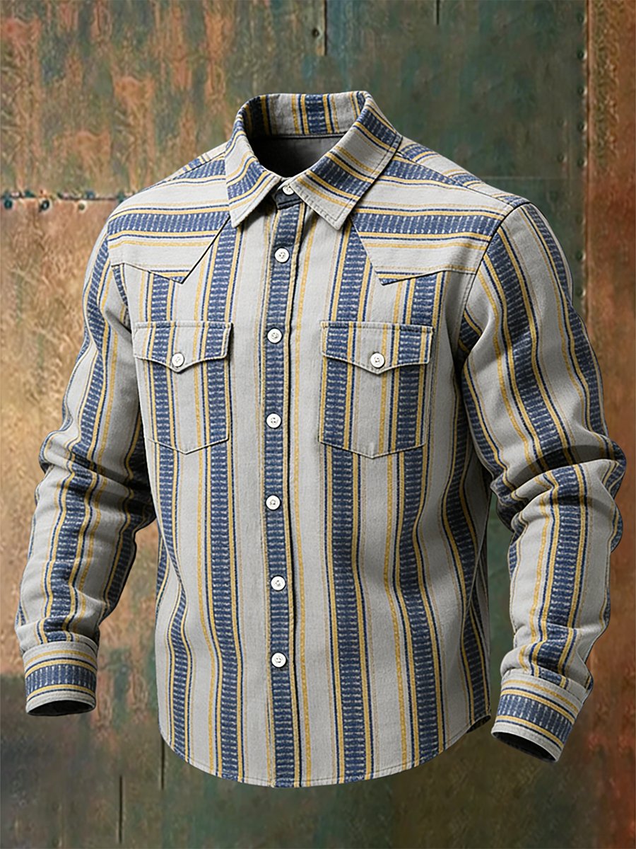 Men's Vintage Striped Western Long-Sleeved Shirt