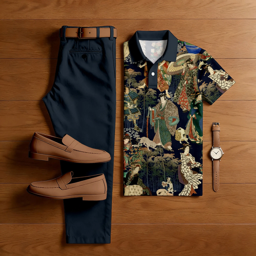 Men's Casual Dark Japanese Style Printed Polo Shirt And Pants Two-Piece Set