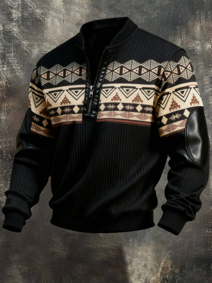 Men'S Casual Retro Contrast Color Half Zip Stand Collar Long Sleeve Sweatshirt