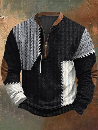 Men'S Casual 1/4 Zipper Half Stand Collar Retro Color Block Print Long Sleeve Sweatshirt