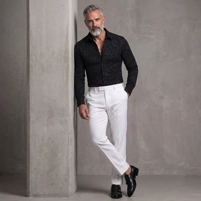 Men's White 3D Floral Embossed Pattern Slim Fit Long Sleeve Shirt