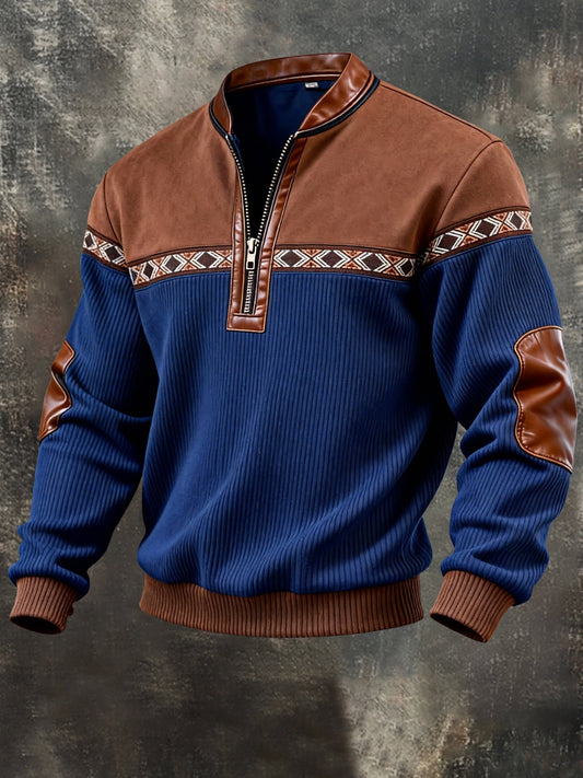 Men's Vintage Color-Block Printed Zip-Up Hoodie