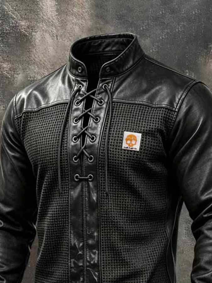Men'S Retro Waffle-Knit And Leather Panel Stand-Collar Shirt