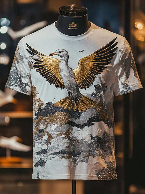 Men's Seagull Sequin Business Print Short Sleeve T-Shirt