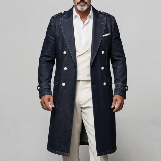 Men's Vintage Denim Solid Color Double-Breasted Peak Lapel Trench Coat
