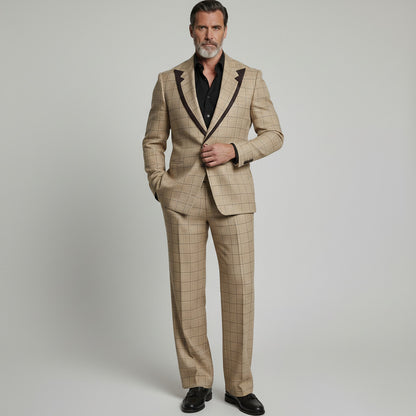 Men's Elegant Khaki Plaid Print Contrast Peak Lapel Business Casual Blazer