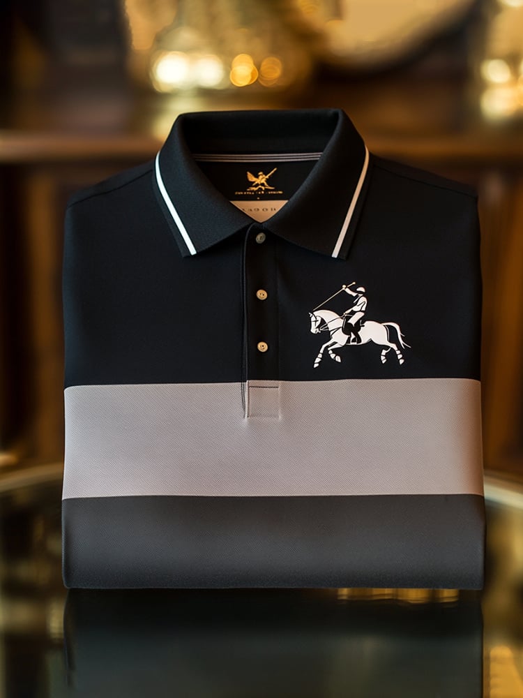Men's Classic Business Check Logo Button Short Sleeve Polo Shirt