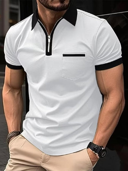 Color-Block Geometric Print Lapel Zipper Pullover Casual Polo Shirt