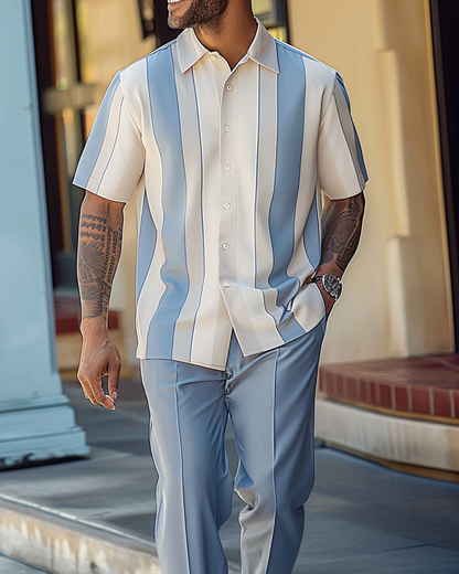 Men's Textured Short Sleeve Printed Two-Piece Walking Pants Set 063