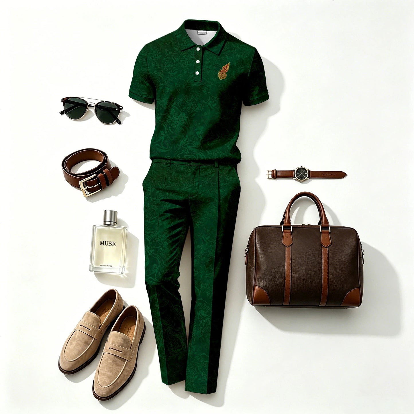 Men's Casual Subtle-Patterned Short-Sleeve Polo Shirt and Pants Two-Piece Set (Does Not Include Accessories Such As Watches Or Glasses)