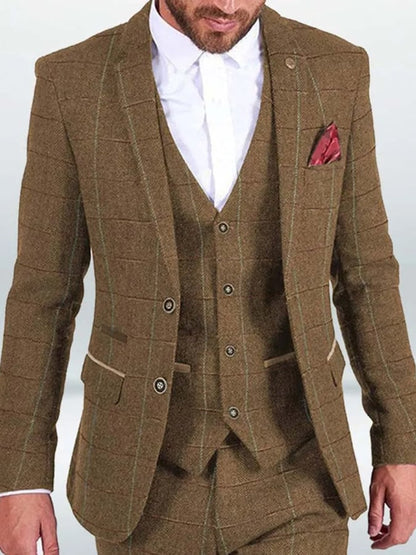 Men's Business Single-Breasted Plaid Contrast Color Suit Three-Piece Suit