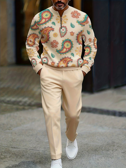 Men's Casual Color Matching Printed Round-Neck Zipper Long Sleeved Trousers Two-Piece Set