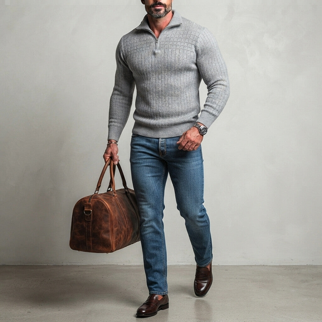 Men's Casual Gray Textured Ribbed Knit Slim Fit Quarter Zip Pullover Sweater