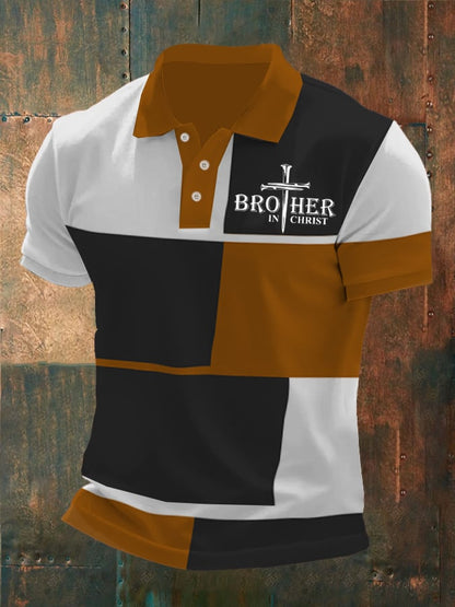 Men'S Brother In Christ Print Contrast Polo Shirt