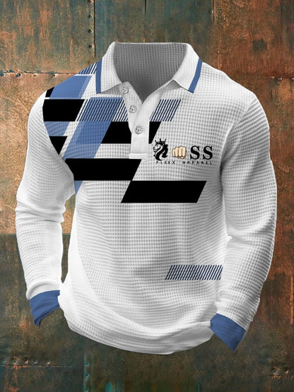 Men's Retro Letter Design Waffle Fabric Long Sleeve Polo Shirt