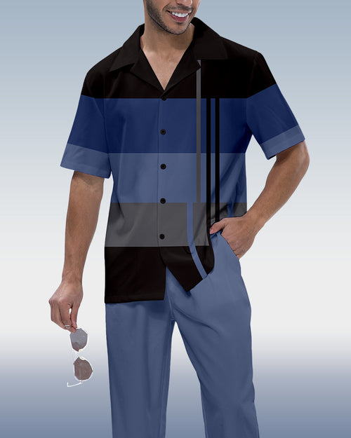 Men's Color Block Printed Short Sleeve Shirt Walking Suit 928