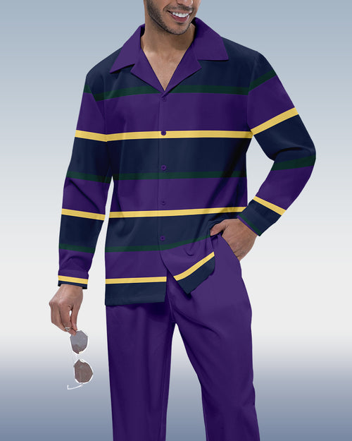Men's Purple Stripe Printed Long Sleeve Shirt Walking Suit 421