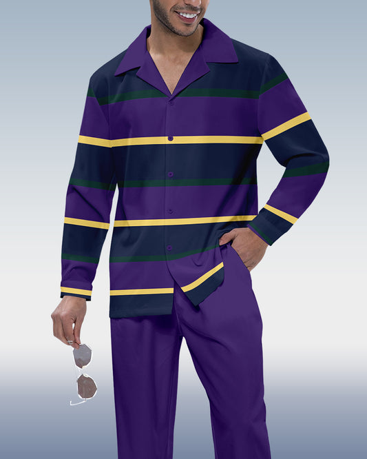 Men's Purple Stripe Printed Long Sleeve Shirt Walking Suit 421