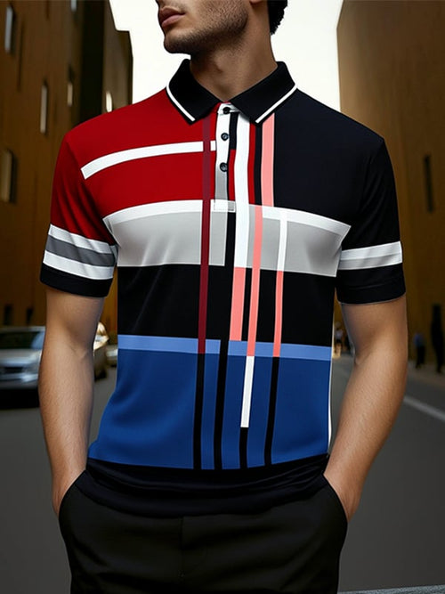 Men's Business Stripe Logo Button-Down Short Sleeve Polo Shirt