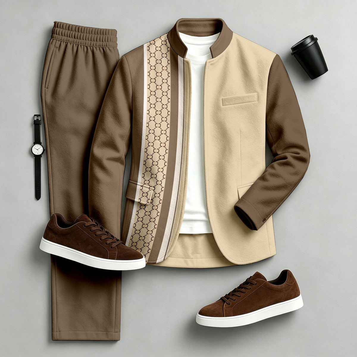 Men's Printed Stand-Collar Jacket and Pants Set