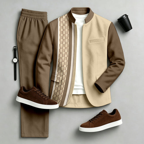 Men's Printed Stand-Collar Jacket and Pants Set
