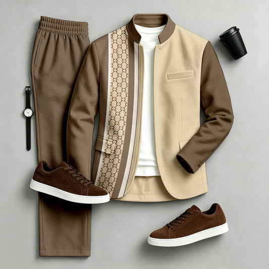 Men's Printed Stand-Collar Jacket and Pants Set