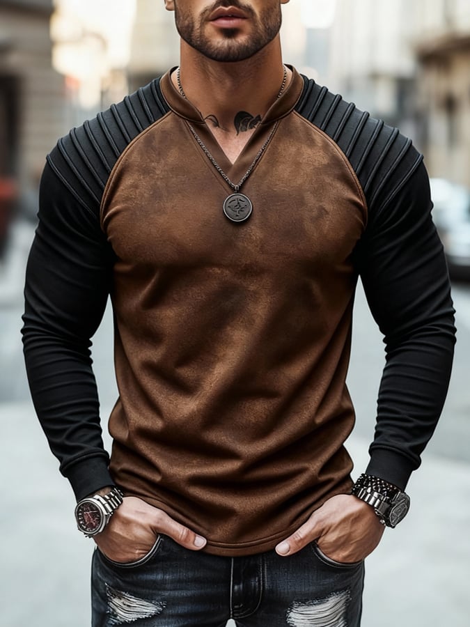 Men's Vintage Suede Patchwork T-Shirt