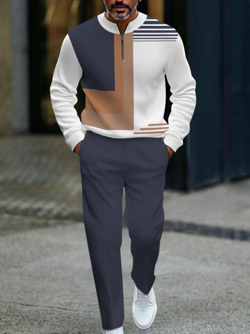 Men's Casual Color Matching Printed Round-Neck Zipper Long Sleeved Trousers Two-Piece Set
