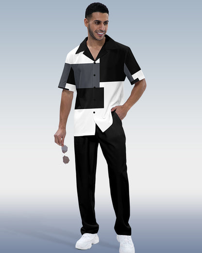 Men's Color Block Luxury Printed Short Sleeve Shirt Walking Set 1015