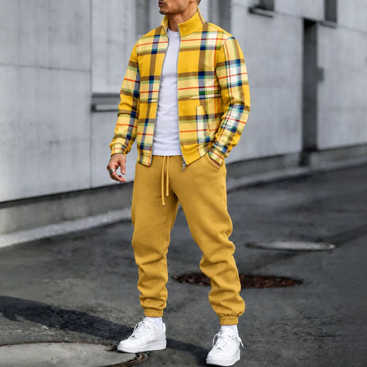 Men's Checkered Stand-Up Collar Jacket and Pants Set