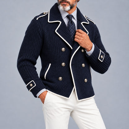 Men's Business Casual Navy Blue Contrast Piping Notch Lapel Double-Breasted Ribbed Knit Jacket