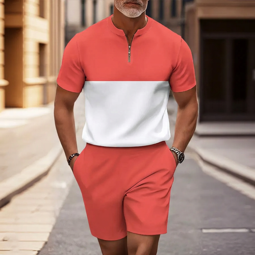 Men's Casual Color-Blocked Printed Zip-Up Short-Sleeved Shirt And Shorts Two-Piece Set