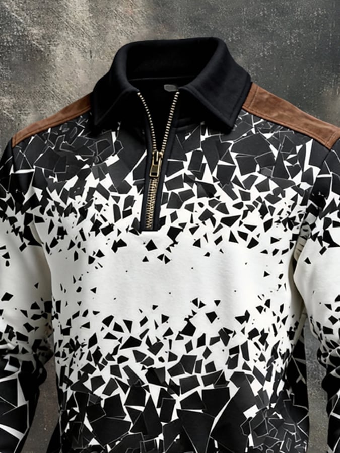 Men's Retro Color Block Print Color-Blocked Zip-Up Sweatshirt