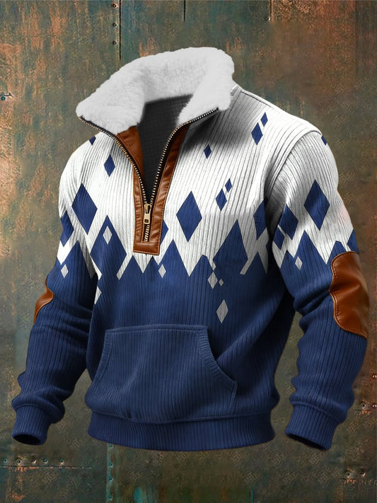 Men's Retro Abstract Art Print Zippered Fur Collar Pocket Patchwork Long-Sleeved Sweatshirt