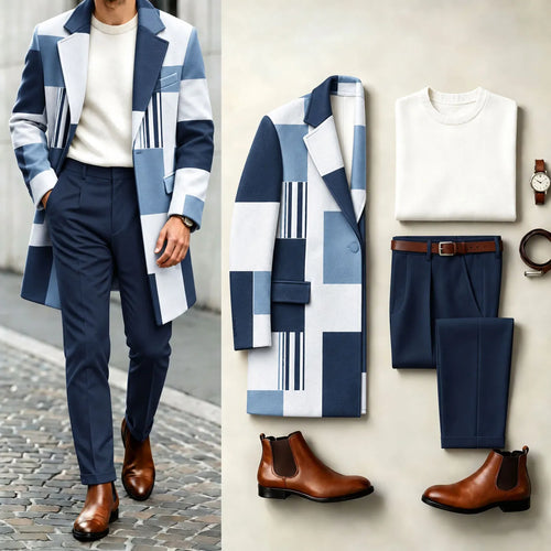 Men's Three-Piece Set: Color-Blocked Checkered Coat, Crew-Neck Sweater, and Slacks